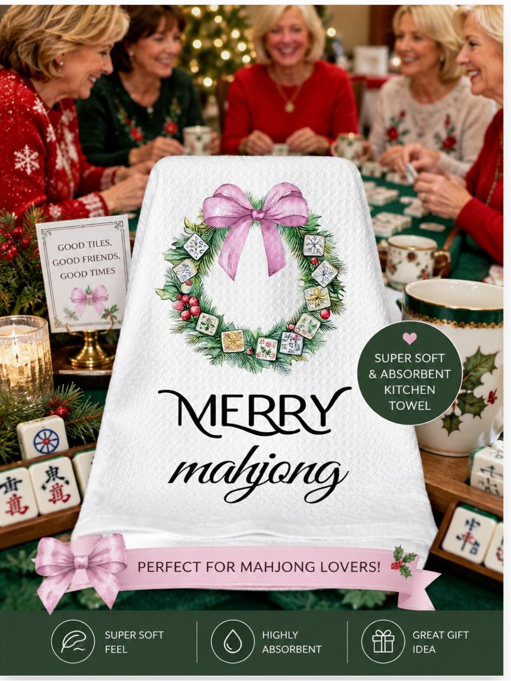 Merry Mahjong Holiday Waffle Weave Kitchen Towel - Pink Bow, new